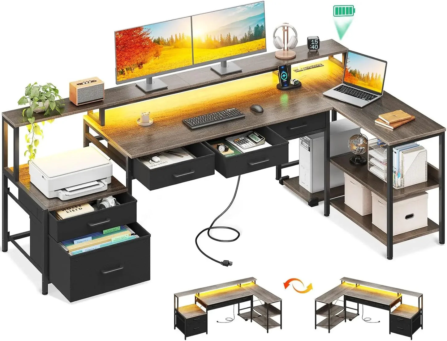 L Shaped Desk with 5 File Drawers, 66" Reversible L Shaped Computer Desk with Power Outlet & LED Strip, Office Desk