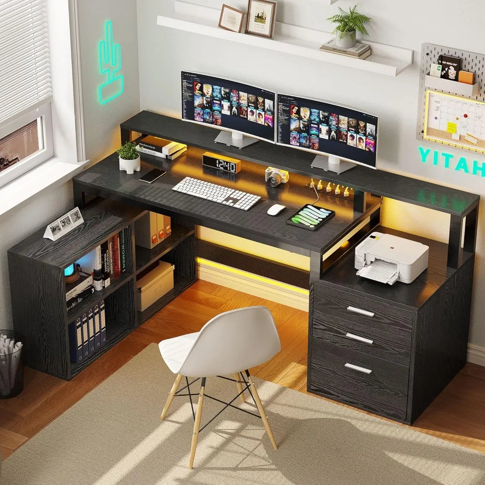 L Shaped Desk with 3 Drawers, 65" Corner Computer Desk with Power Outlets & LED Lights, L-Shaped Desk