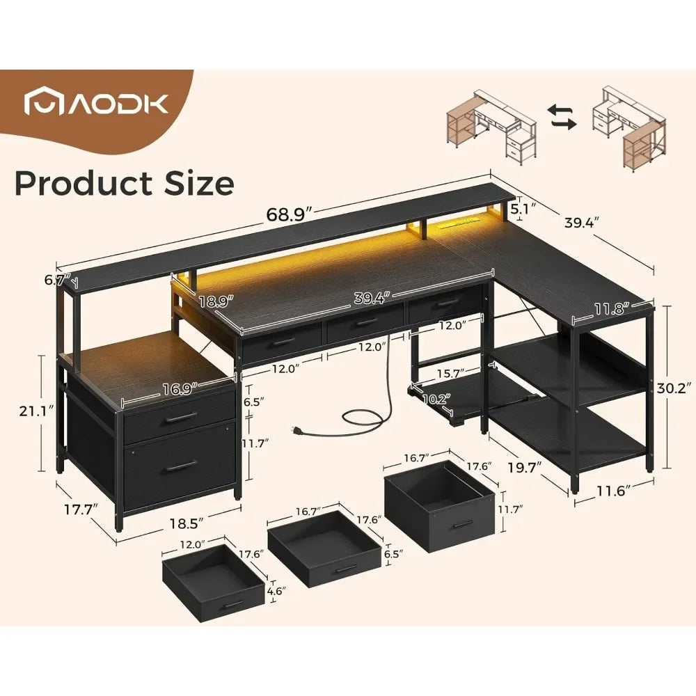 L Shaped Desk with 5 File Drawers, 66" Reversible L Shaped Computer Desk with Power Outlet & LED Strip, Office Desk