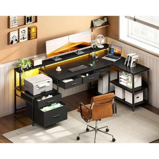 L Shaped Desk with 5 File Drawers, 66" Reversible L Shaped Computer Desk with Power Outlet & LED Strip, Office Desk