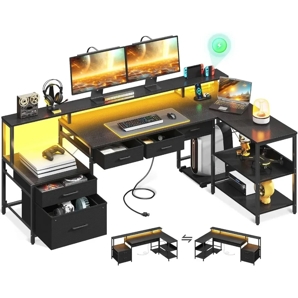 L Shaped Desk with 5 File Drawers, 66" Reversible L Shaped Computer Desk with Power Outlet & LED Strip, Office Desk