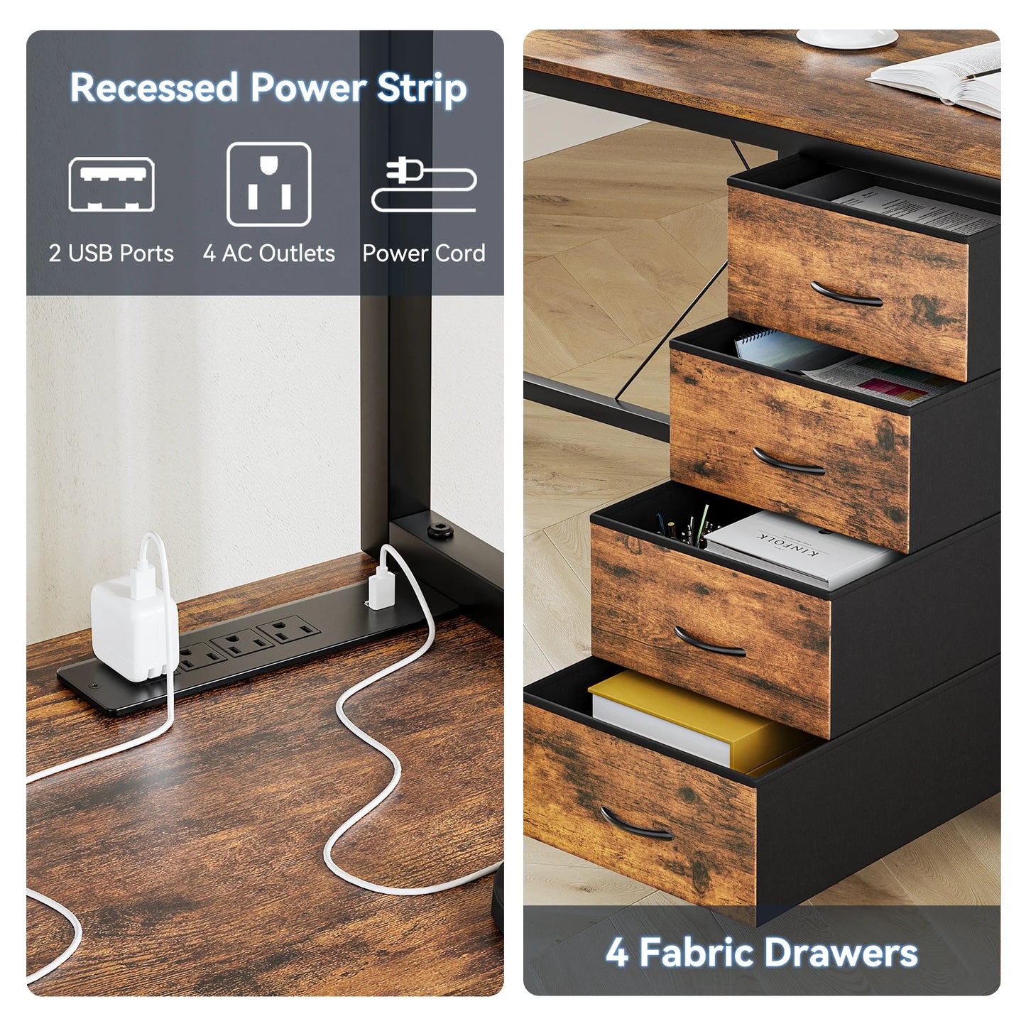 U Shaped Computer Desk with Monitor Stand and LED Lights,Computer Gaming Desk with Storage Shelves,Office Desk with 4 Drawers