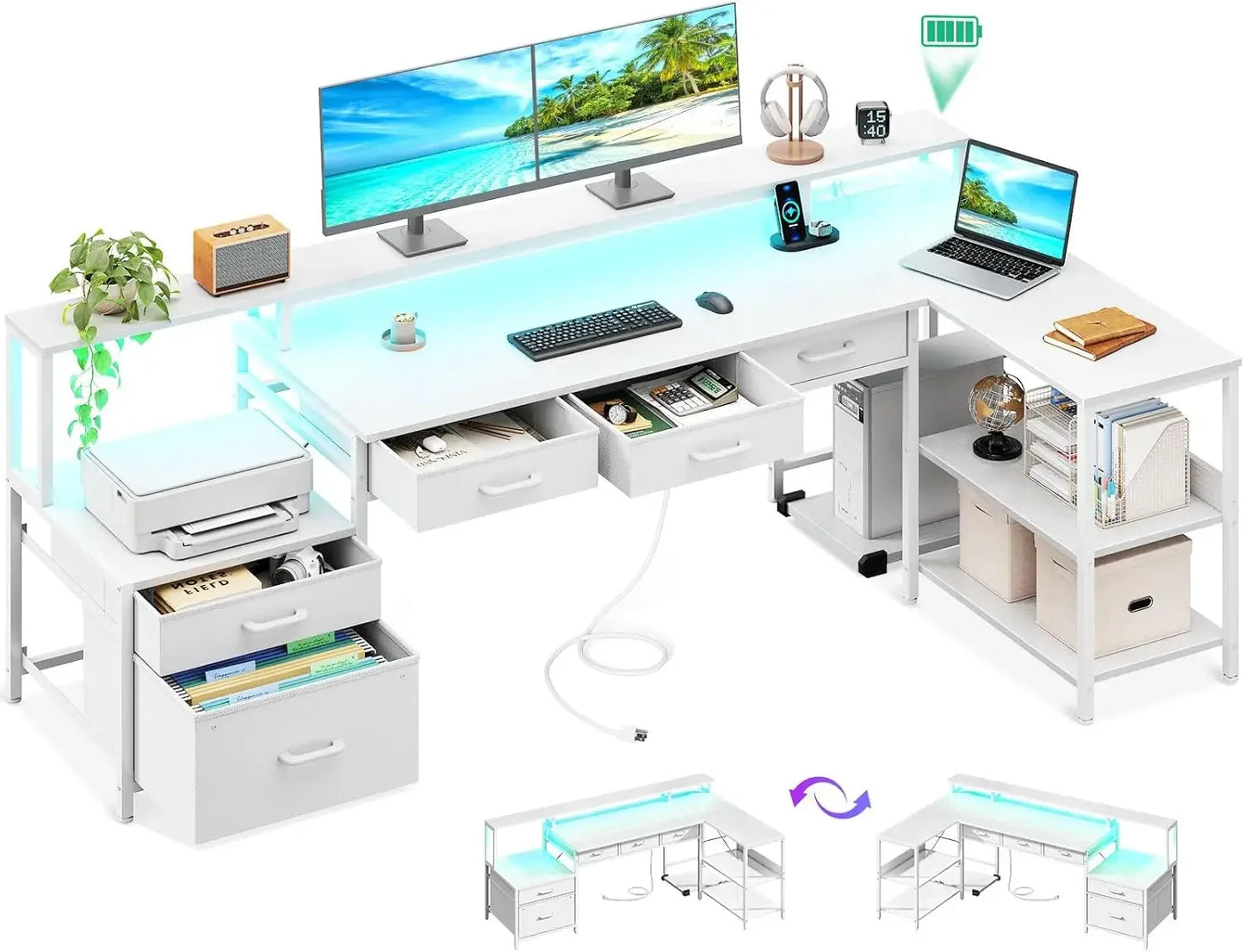 L Shaped Desk with 5 File Drawers, 66" Reversible L Shaped Computer Desk with Power Outlet & LED Strip, Office Desk