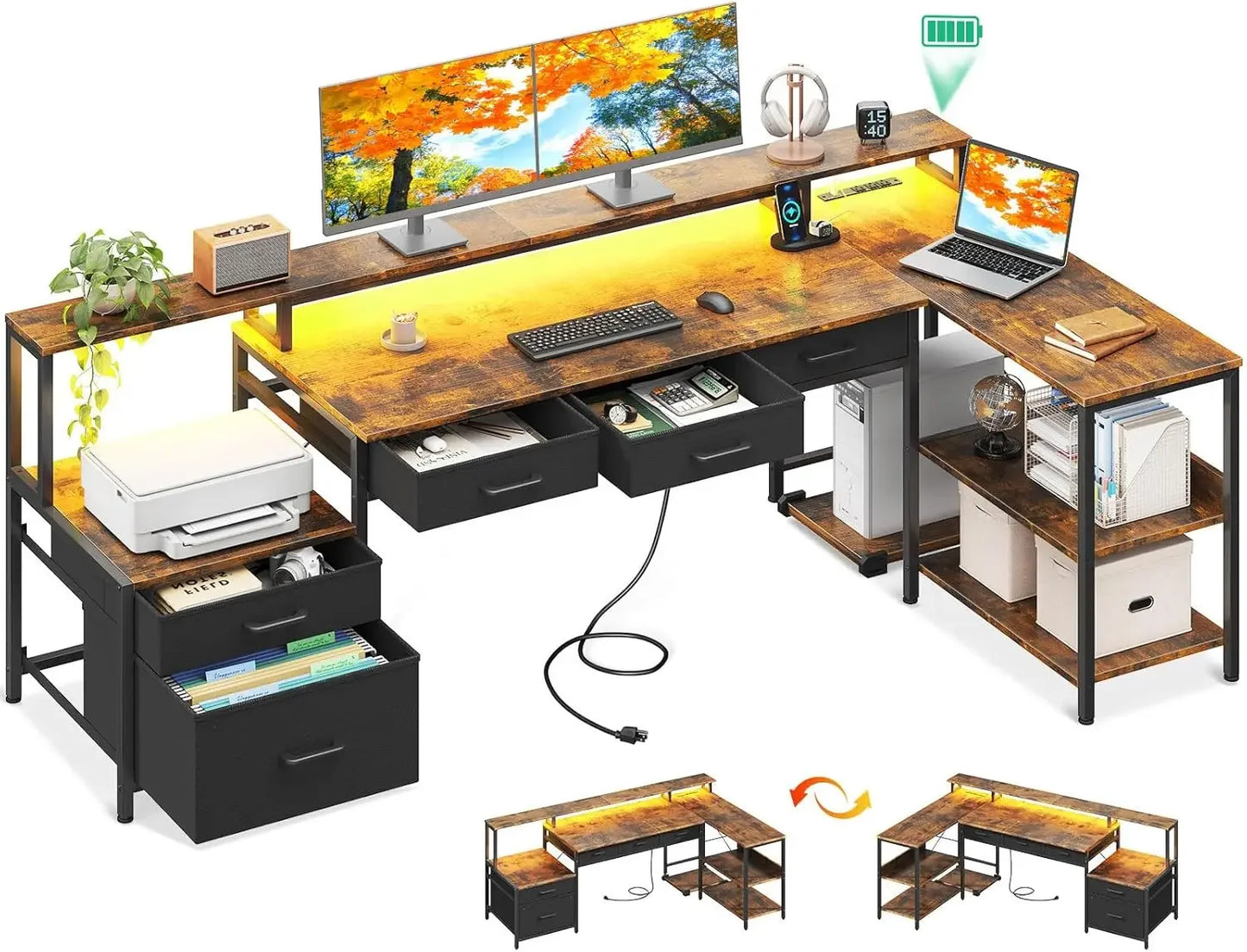 L Shaped Desk with 5 File Drawers, 66" Reversible L Shaped Computer Desk with Power Outlet & LED Strip, Office Desk