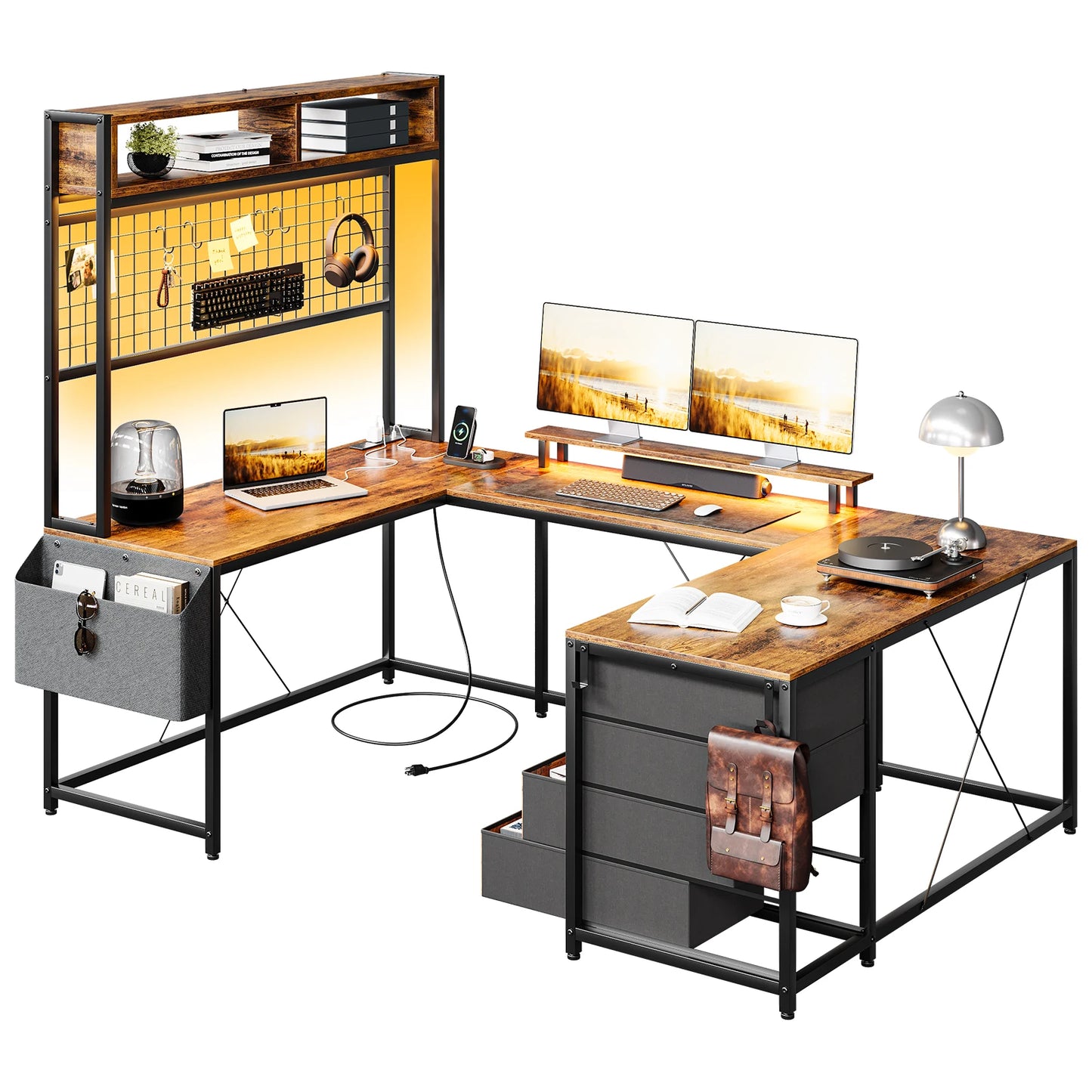 U Shaped Computer Desk with Monitor Stand and LED Lights,Computer Gaming Desk with Storage Shelves,Office Desk with 4 Drawers